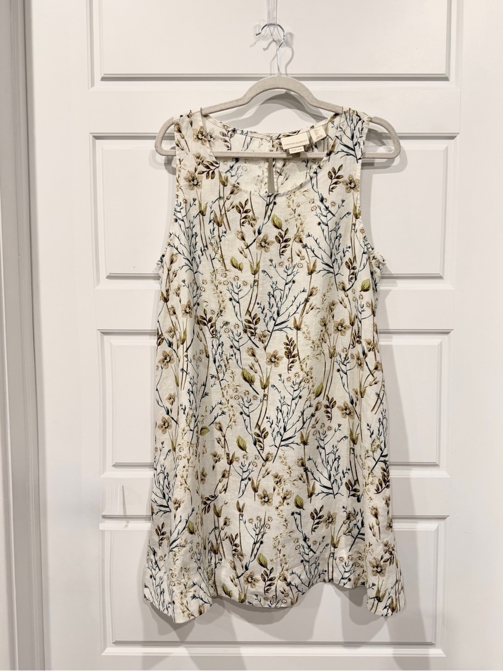 CYNTHIA ROWLEY 100% Linen Floral A Line Sleeveless Swing Dress Sz L Pockets